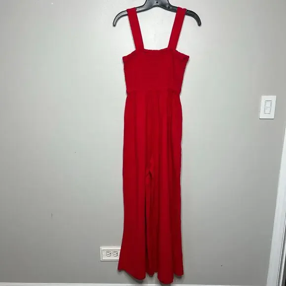 Quince Women's Organic Cotton Gauze Smocked Wide Leg Jumpsuit Cherry Red Sz S - Picture 6 of 11